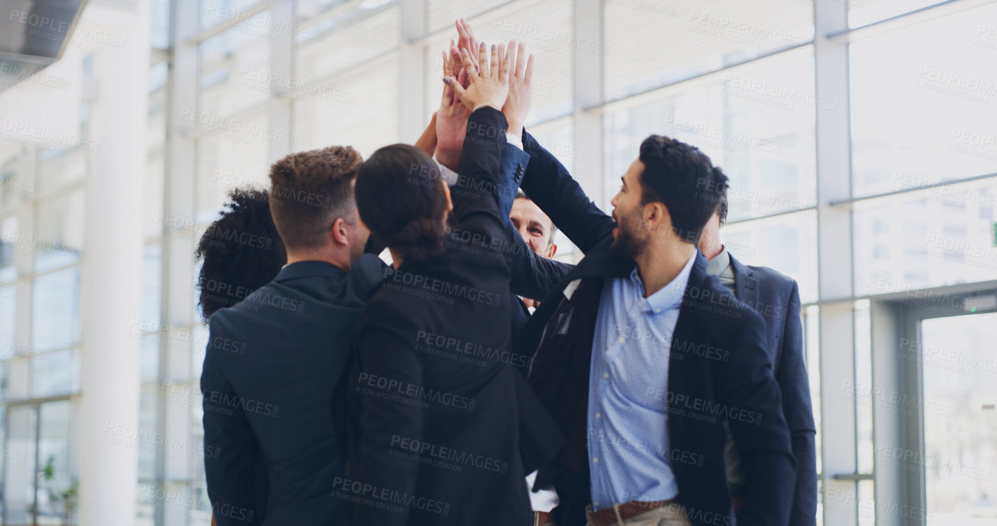 Buy stock photo Business people, group and high five for success at office in circle, motivation and synergy for goal at agency. Teamwork, huddle and cheers with celebration for profit achievement at finance company
