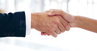 Buy stock photo Closeup, business people and handshake in office, agreement and negotiation for b2b deal. Employees, company merger and coworking with collaboration, shaking hands and thank you with partnership