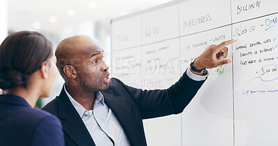 Buy stock photo Whiteboard, planning or business people in meeting with task, schedule or project management. Pointing, list or team with timeline for brainstorming for progress, development or company resources