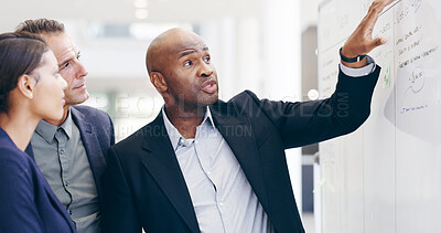 Buy stock photo Discussion, planning or business people in meeting with whiteboard, schedule or project management. Agenda, list or team with timeline for brainstorming for progress, development or company resources