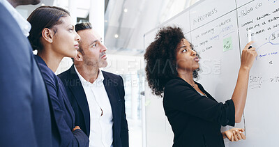 Buy stock photo Whiteboard, discussion or business people in meeting with schedule, task or project management. Leadership, list or team with timeline for brainstorming for progress, development or company resources
