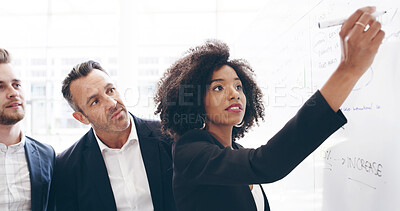 Buy stock photo Whiteboard, planning or business people in meeting with leader, task or project management. Writing, checklist or manager with timeline for brainstorming for agenda, development or company resources