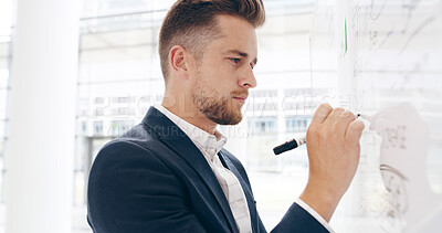 Buy stock photo Business, writing and man in office, whiteboard and planning for product launch. Sales consultant, professional and entrepreneur in workplace, brainstorming and decision with vision for company