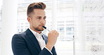 Businessman, thinking and whiteboard with plan for brainstorming, agenda or tasks at office. Man, employee or thoughtful thinker with wonder for corporate strategy, project or ideas at workplace