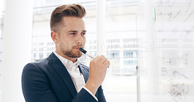 Buy stock photo Businessman, thinking and whiteboard with plan for brainstorming, agenda or tasks at office. Man, employee or market analysis with wonder for corporate strategy, project or formula at workplace