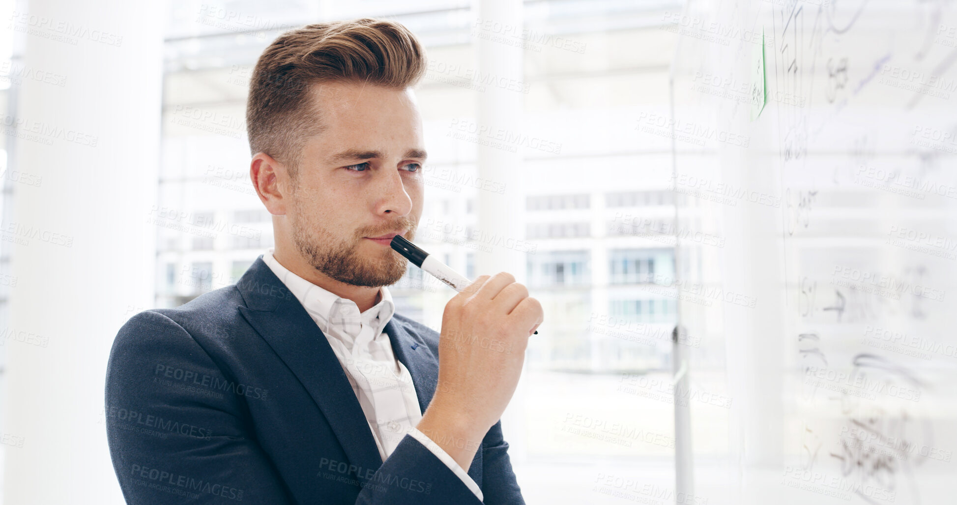 Buy stock photo Businessman, thinking and whiteboard with plan for brainstorming, agenda or tasks at office. Man, employee or market analysis with wonder for corporate strategy, project or formula at workplace