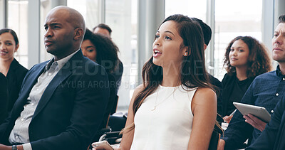 Buy stock photo Speaker, convention and seminar with business woman at conference for speech, audience and workshop. Presentation, crowd and learning with group of people corporate, tradeshow and event together