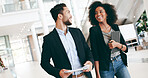Business people, smile and talking in lobby for confidence, professional and career in news agency. Journalist, editor and paper in office for company publisher, consultant or walking for occupation