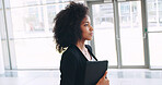 Business, walking and black woman with tablet, profile and confidence with career ambition. African person, corporate professional and financial consultant in hallway, technology and occupation