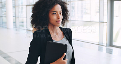Buy stock photo Business, walking and black woman in office, tablet and confidence with accountant. African person, corporate professional and financial consultant in hallway, tech and pride with career ambition