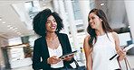 Business women, smile and walk in lobby for confidence, professional and career in news agency. Journalist, editor and tablet in office for company development, consultant or pride for occupation