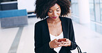 Typing, phone and business African woman in office for email, networking and communication. Professional, corporate and worker on smartphone for internet, research report and planning on mobile app