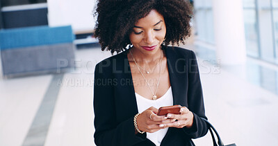 Buy stock photo Typing, phone and business African woman in office for email, networking and communication. Professional, corporate and worker on smartphone for internet, research report and planning on mobile app