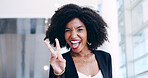 Happy, business woman and portrait with peace sign for positive work ethic or vibe at office. Female person, employee or fun designer in joy with smile, emoji or energy for enthusiastic career or job