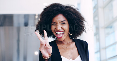 Buy stock photo Happy, business woman and portrait with peace sign for positive work ethic or vibe at office. Female person, employee or fun designer in joy with smile, emoji or energy for enthusiastic career or job