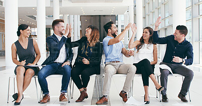 Buy stock photo Business, people and recruitment with high five for job opportunity, motivation and support with group cheers. Networking, onboarding and employees for hiring celebration with gesture for good news