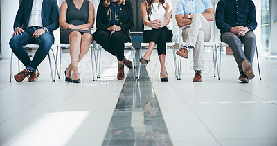 Buy stock photo Legs, line and business people in waiting room for hiring, job opportunity and recruitment with group for employment. Row, feet and employees for onboarding, career change and professional candidates