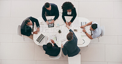 Buy stock photo Above, meeting and handshake with business people in office for budget proposal, schedule and agreement. Project management, documents and technology with teamwork for paperwork, strategy or campaign