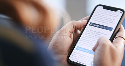 Buy stock photo Phone screen, IT and hands of business person in office for research, website and internet. Professional, company and worker on smartphone for reading report, online advice and web management