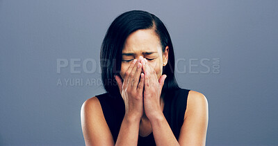 Buy stock photo Pain, crying and woman with heartbreak, studio and sad for loss of toxic relationship, grief or emotional. Mockup space, blue background and person with depression for breakup, disappointed or trauma