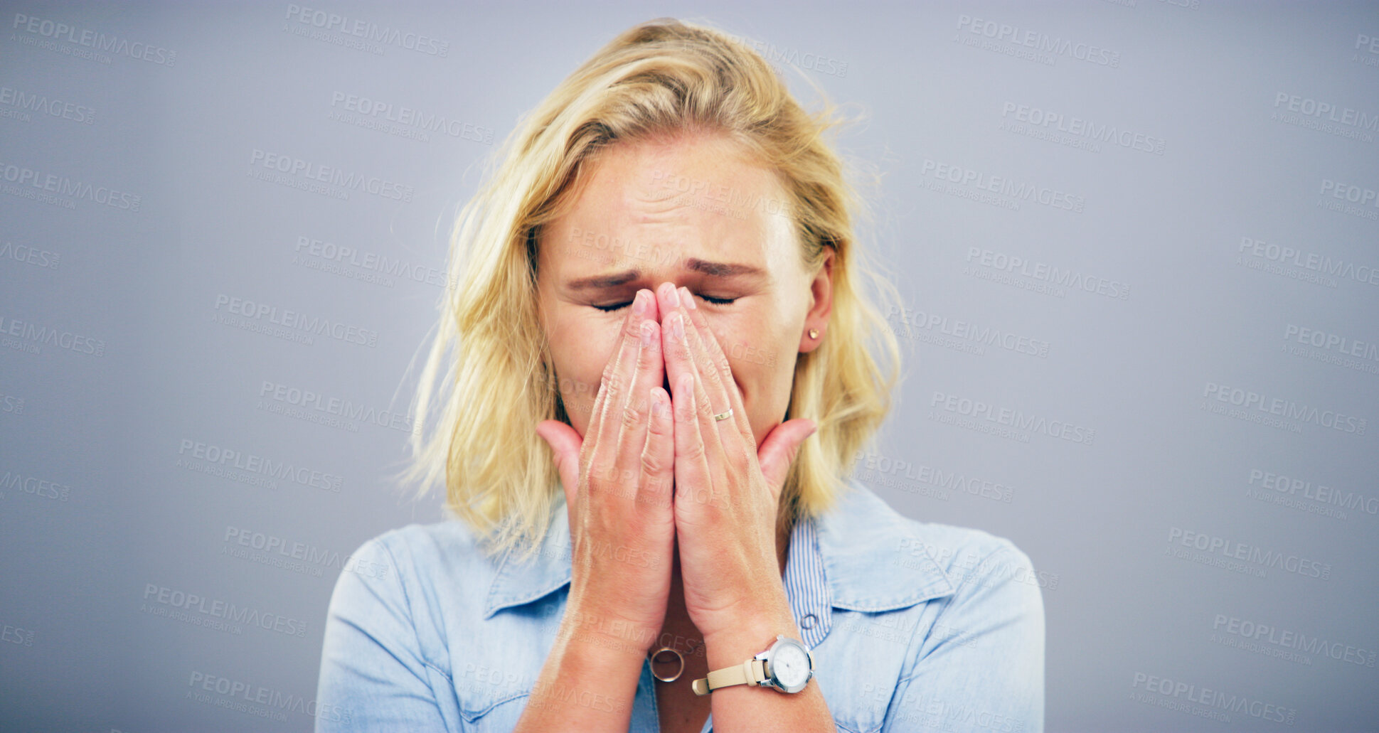 Buy stock photo Sad, depression and crying woman in studio with mental health crisis, trauma and broken heart. Unhappy face, anxiety and female person with stress, frustrated and bad news on gray background space