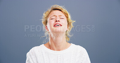 Buy stock photo Grief, crying and woman with depression, studio and sad for loss of relationship, divorce and emotional. Mockup space, gray background and person with heartbreak for breakup, disappointed and lonely