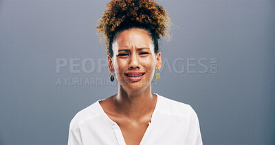 Buy stock photo Pain, crying and woman with depression, portrait and emotional for loss of relationship, divorce and studio. Mockup space, blue background and person with heartbreak for breakup, disappointed and sad