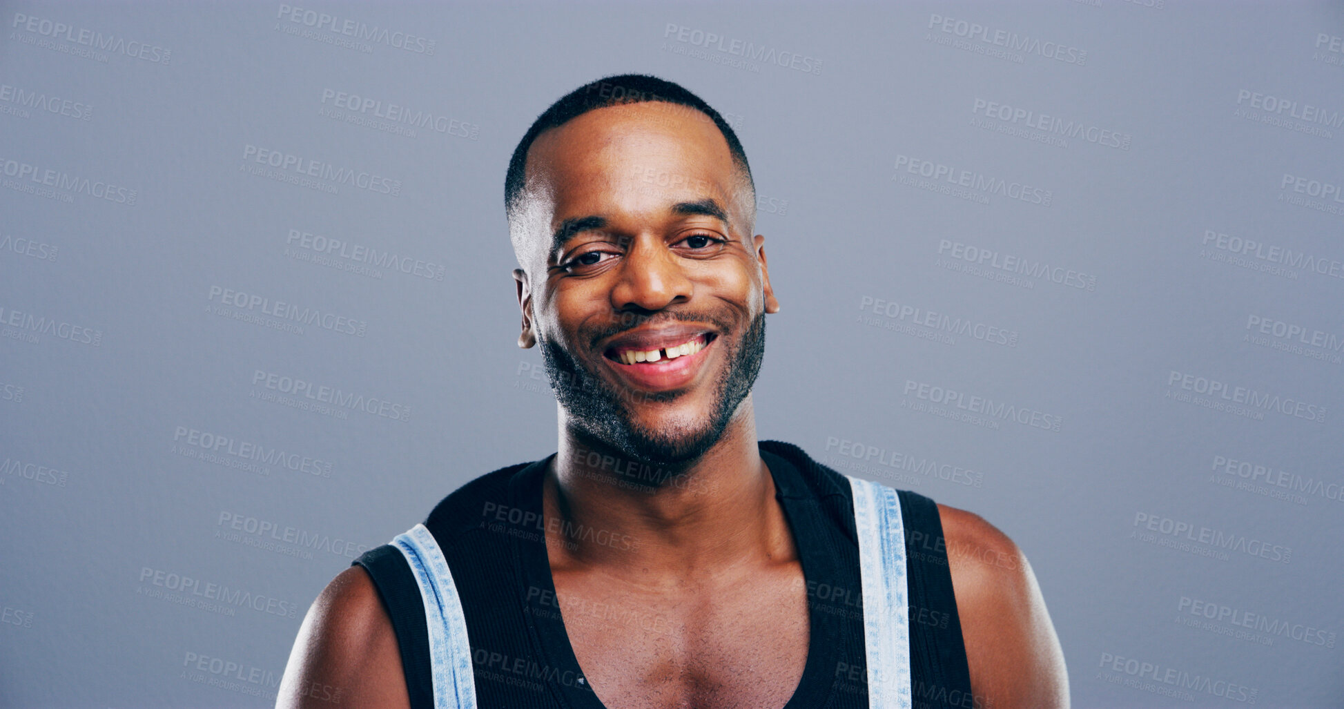 Buy stock photo Happy, active and black man with portrait in studio for fitness instructor, about us and workout routine. Male person, mockup space and confident for gym opportunity, bodybuilding and gray background
