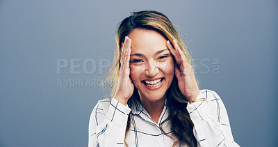 Buy stock photo Laughing, smile and portrait of woman in studio for comic, funny and silly with mockup space. Happiness, meme and comedy with female person on blue background for joke, humor and giggle reaction