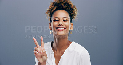 Buy stock photo Girl, peace sign and happy in studio, excited and icon with v symbol for victory by background. Woman, shouting and smile with emoji, fashion and playful in portrait with hand gesture in Costa Rica