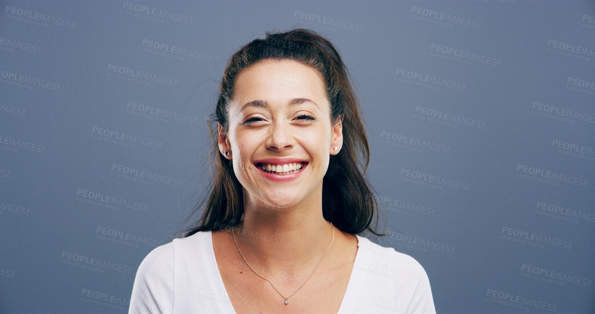 Buy stock photo Happy woman, portrait and joy with positivity in studio for learning scholarship on a gray background. Female person, student or model with smile for cheerful or friendly expression on mockup space