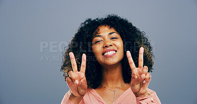 Buy stock photo Girl, peace sign and space in studio, smile and icon with v symbol for victory by background. Woman, afro and happy with emoji, fashion and excited for portrait with hand gesture in Costa Rica