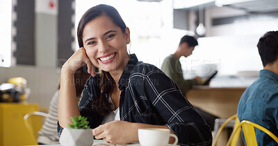 Buy stock photo Portrait, smile and woman in cafeteria for relax, peace and calm on weekend break. Face, coffee shop and confident customer in restaurant for service, hospitality and travel with student on holiday