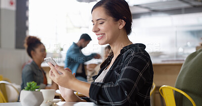 Buy stock photo Smile, internet and woman in cafe, cellphone and typing with social media, message to contact and relax. Person, joyful and girl in restaurant, coffee and smartphone with digital app and funny meme
