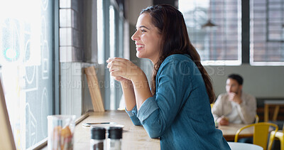 Buy stock photo Smile, thinking and woman in coffee shop for relax, peace and mindset with reflection by window view. Drink, idea and customer in cafe with beverage, planning and morning inspiration with vision