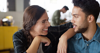 Buy stock photo Couple, happy and talking on date in cafe for relationship support, weekend break or affection. Love, people and smile in coffee shop with relax, conversation and bonding together with care and trust