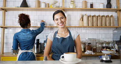 Buy stock photo Coffee shop, waitress and portrait of woman by counter with drink, caffeine beverage and cappuccino. Small business, barista and person with mug in restaurant, cafe and diner for customer service