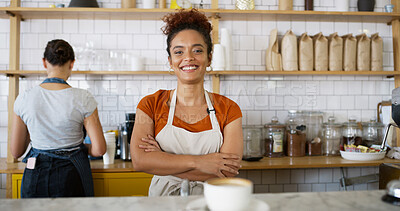 Buy stock photo Coffee shop, crossed arms and portrait of woman by counter with drink, caffeine beverage and cappuccino. Professional, barista and person with mug in restaurant, cafe and diner for waitress service