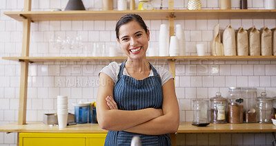 Buy stock photo Woman, crossed arms and portrait of barista at coffee shop with confidence for hospitality career. Happy, server and female waitress from New York with pride in startup cafe, restaurant or service.