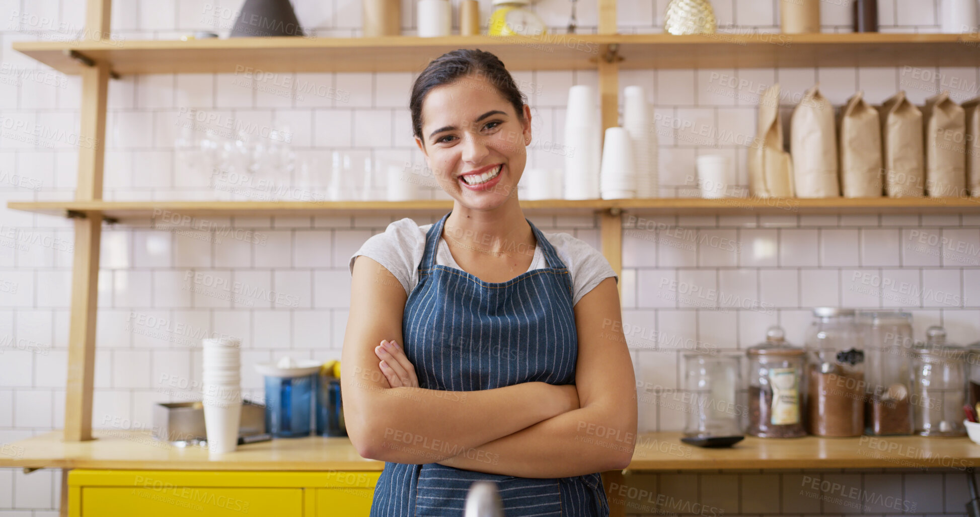 Buy stock photo Woman, crossed arms and portrait of barista at coffee shop with confidence for hospitality career. Happy, server and female waitress from New York with pride in startup cafe, restaurant or service.