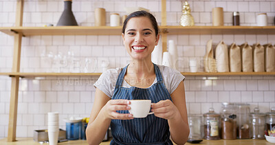 Buy stock photo Portrait, woman and waiter with coffee at cafe of customer service, espresso drink and order collection. Smile, person and giving beverage for breakfast catering, server help and hospitality industry