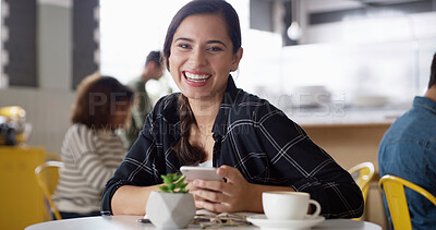 Buy stock photo Cellphone, coffee and portrait of woman in cafe reading online blog for hospitality review. Happy, phone and female influencer with cappuccino for content creation for restaurant recommendation.