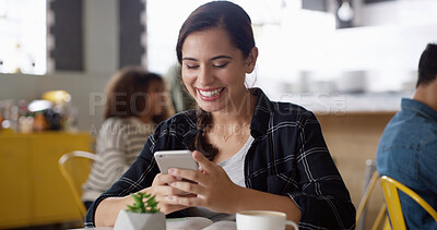 Buy stock photo Happy, funny and woman in cafe, smartphone and typing with social media, excited and relax. Person, mobile user and girl in restaurant, coffee and cellphone with digital app, message and herbal tea
