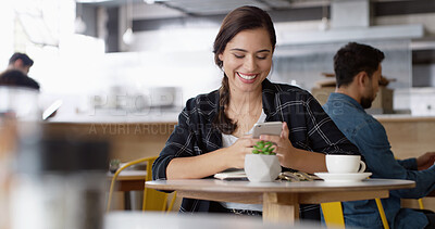 Buy stock photo Smile, typing and woman in coffee shop, cellphone and connection with social media, funny meme and relax. Person, mobile user or girl in restaurant, message to contact and smartphone with digital app