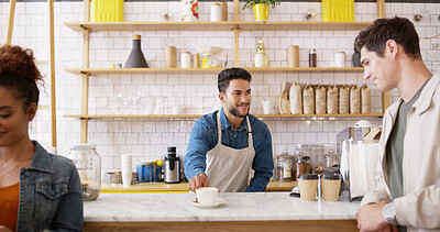 Buy stock photo Man, barista and serving coffee at cafe for customer service, espresso drink and order collection. Male waiter, client and giving beverage for breakfast catering, server help and hospitality industry