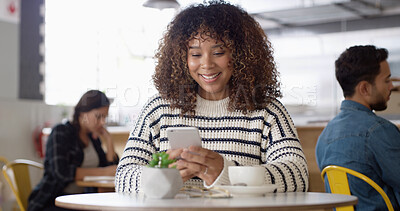 Buy stock photo Typing, happy and woman in cafe, smartphone and email with humor, funny meme and relax. Person, mobile user and girl in coffee, shop, internet and cellphone with digital app, texting and message