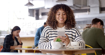 Buy stock photo Phone, typing and woman in cafe with coffee reading online blog for hospitality review. Happy, cellphone and female influencer with cappuccino for content creation for restaurant recommendation.