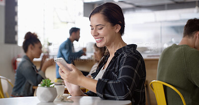 Buy stock photo Phone, happy and woman in cafe reading online blog for hospitality review in morning. Smile, cellphone and female influencer with cappuccino for content creation for restaurant recommendation.