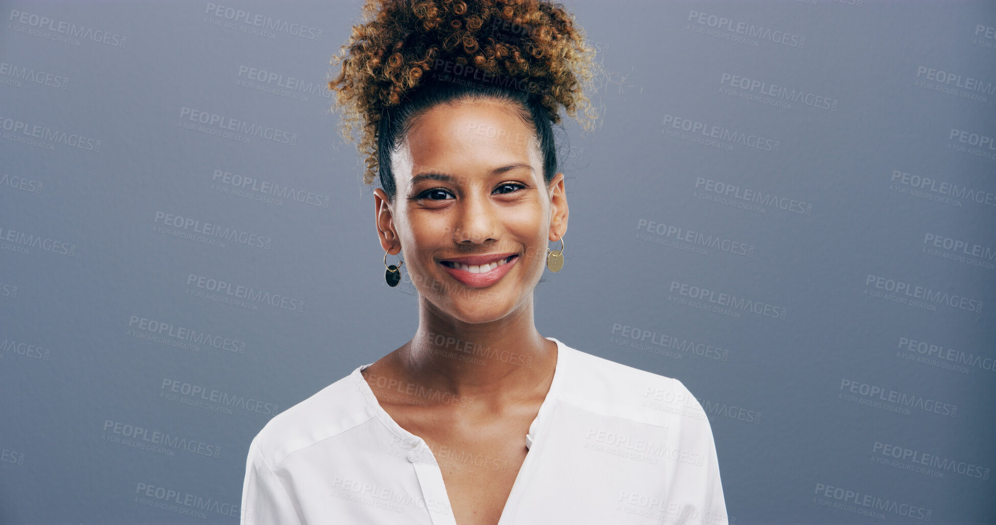 Buy stock photo Pride, woman and portrait of teacher in studio with happiness for tutor career for education. Smile, confident and female educator at elementary school from Colombia with knowledge by gray background