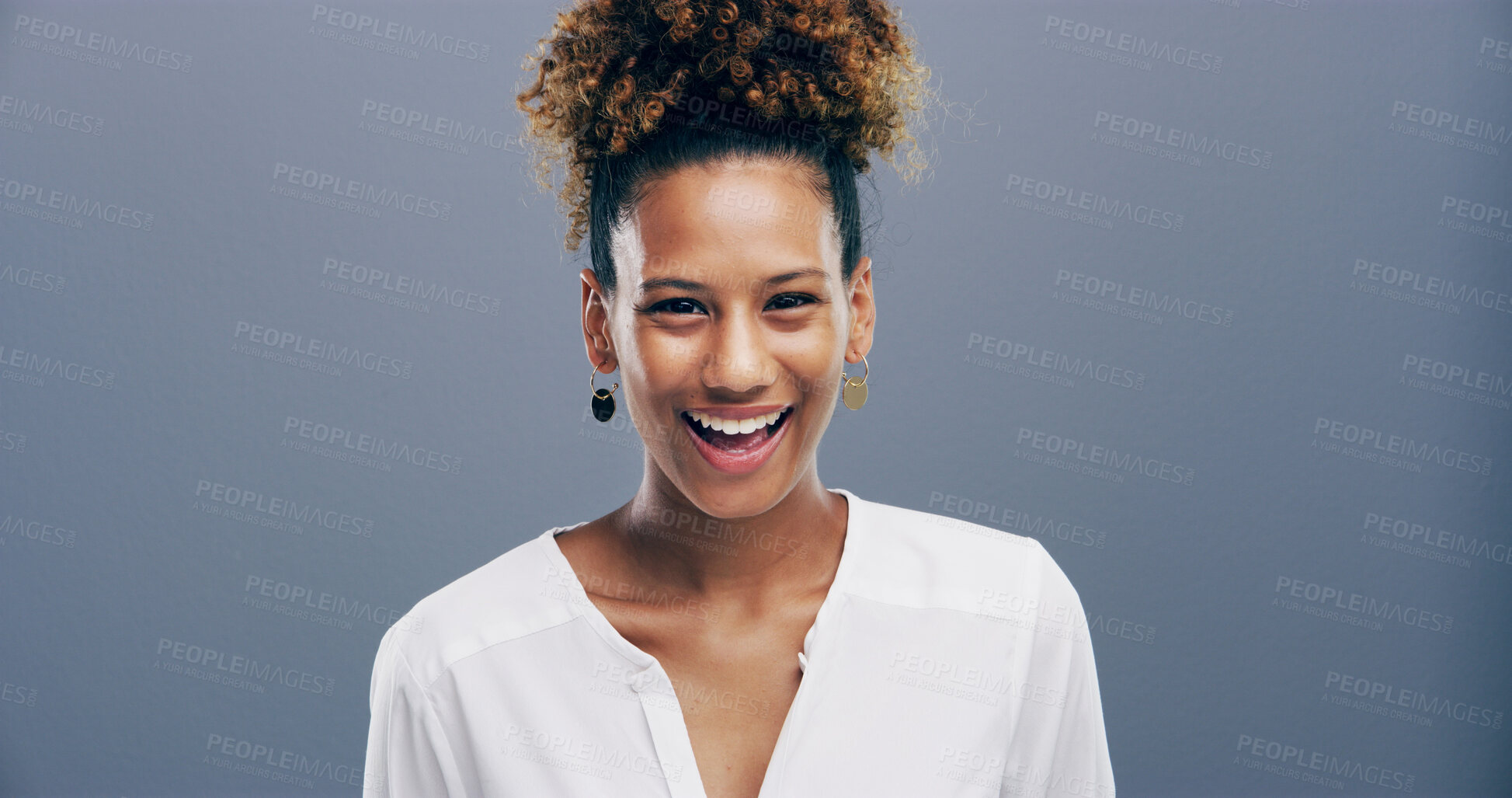 Buy stock photo Laugh, confident and portrait of woman in studio with pride for tutor career for education. Happy, face and female teacher at elementary school from Colombia with knowledge by gray background.